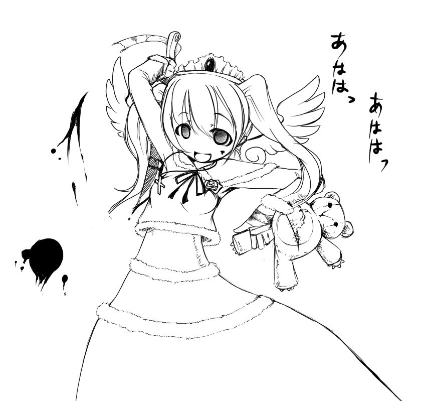 blood cross fancy futaba_channel greyscale knife long_hair maid monochrome nijiura_maids open_mouth solo stuffed_animal stuffed_toy teddy_bear twintails wings yandere