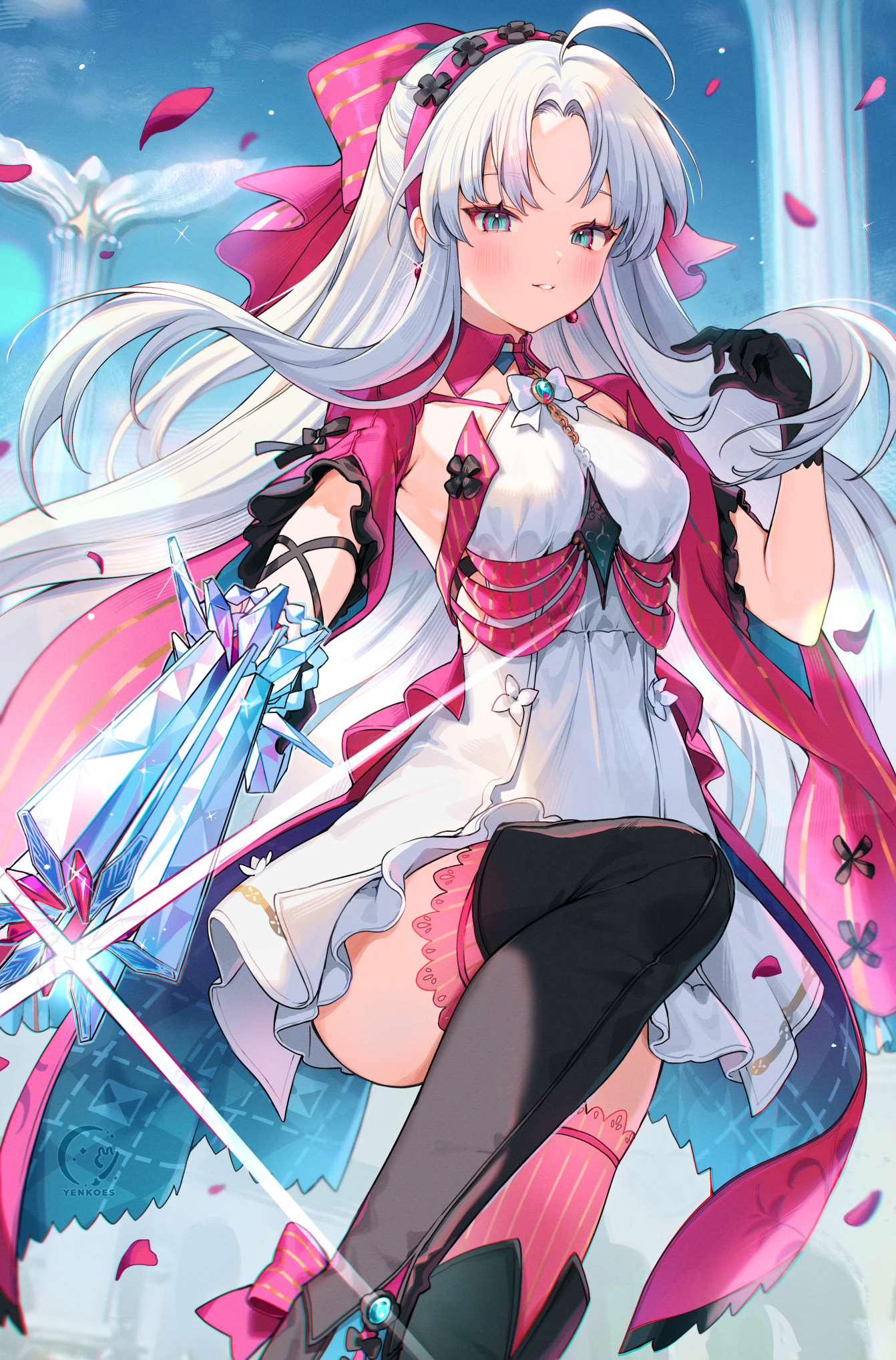 1girl ahoge aiming aiming_at_viewer aqua_eyes black_boots black_gloves boots bow breasts carlotta_(wuthering_waves) chromatic_aberration commentary dress gloves gun hair_bow hairband hand_up highres holding holding_gun holding_weapon jacket knee_up light_blush light_smile looking_at_viewer medium_breasts parted_bangs parted_lips pink_bow pink_hairband pink_jacket pink_petals pink_thighhighs solo striped_bow thighhighs thighhighs_under_boots thighs weapon white_dress wuthering_waves yenkoes
