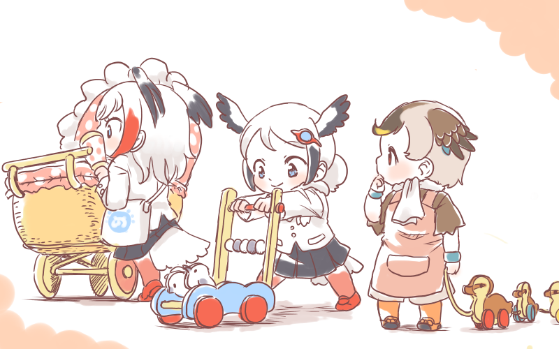 3girls aged_down alternate_hairstyle apron bag bird_girl bird_tail bird_wings black_hair black_skirt blue_eyes blush brown_hair brown_shirt child commentary_request gradient_legwear hair_ornament hairclip handbag head_wings jacket japari_symbol kemono_friends long_sleeves maki_(02uh14l1b740ao2) multiple_girls orange_pantyhose oriental_stork_(kemono_friends) pantyhose pink_apron pleated_skirt red_eyes red_hair red_pantyhose shirt short_hair short_sleeves sidelocks skirt smile spot-billed_duck_(kemono_friends) stroller tail toy white_hair white_jacket white_pantyhose white_stork_(kemono_friends) wings