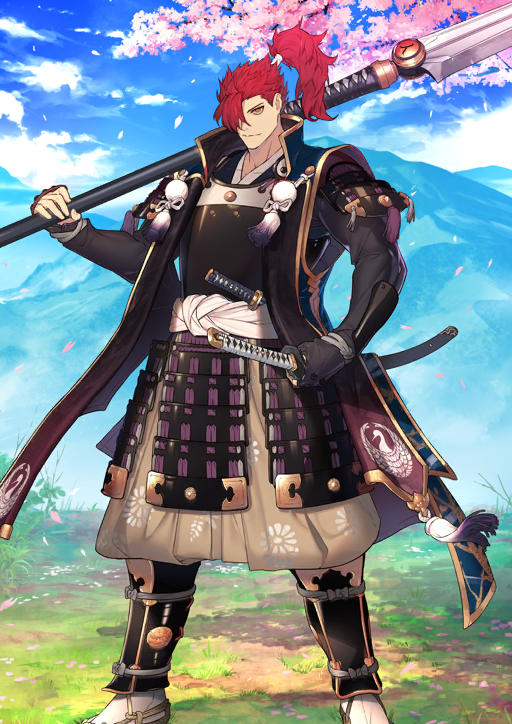 arm_at_side armor blue_sky breastplate brown_pants cherry_blossoms clenched_hands closed_mouth crest dd_(vktr4837) family_crest fate/grand_order fate_(series) feet_out_of_frame game_cg hair_over_one_eye hair_tie hand_up high_ponytail holding holding_polearm holding_weapon japanese_armor japanese_clothes jinbaori katana kote kurokote kusazuri legs_apart long_sleeves looking_at_viewer medium_hair mori_nagayoshi_(fate) mori_nagayoshi_(second_ascension)_(fate) mountain ningen_mukotsu_(fate) official_art one_eye_covered orange_eyes over_shoulder pants pink_petals polearm pom_pom_(clothes) ponytail red_hair sash sheath sheathed shoulder_armor sky socks sode spear spiked_hair standing suneate sword tassel third-party_source v-shaped_eyebrows variant_set weapon weapon_over_shoulder white_sash white_socks yari