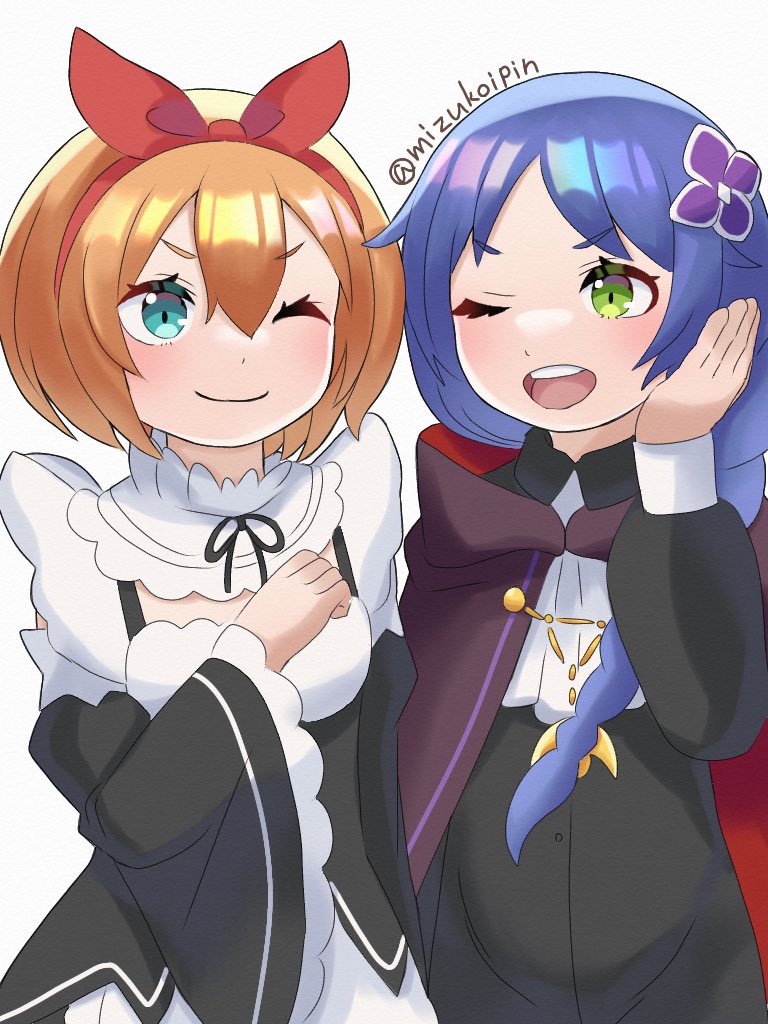 2girls black_dress blue_hair bow cape dress flower green_eyes hair_flower hair_ornament hand_on_own_face maid meili_portroute multiple_girls open_mouth petra_leyte re:zero_kara_hajimeru_isekai_seikatsu red_bow red_hair roswaal_mansion_maid_uniform smile v-shaped_eyebrows