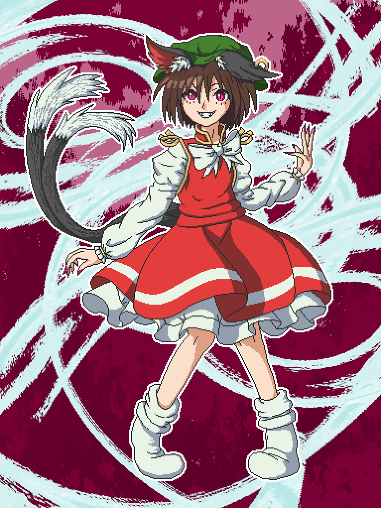 1girl aksawshin animal_ear_fluff animal_ears bow bowtie brown_eyes brown_hair brown_shoes cat_ears cat_tail chen earrings green_hat hat jewelry long_sleeves mob_cap multiple_tails red_shoes red_skirt red_vest shirt shoes short_hair simple_background single_earring skirt skirt_set solo tail touhou two_tails vest white_background white_shirt yellow_bow yellow_bowtie