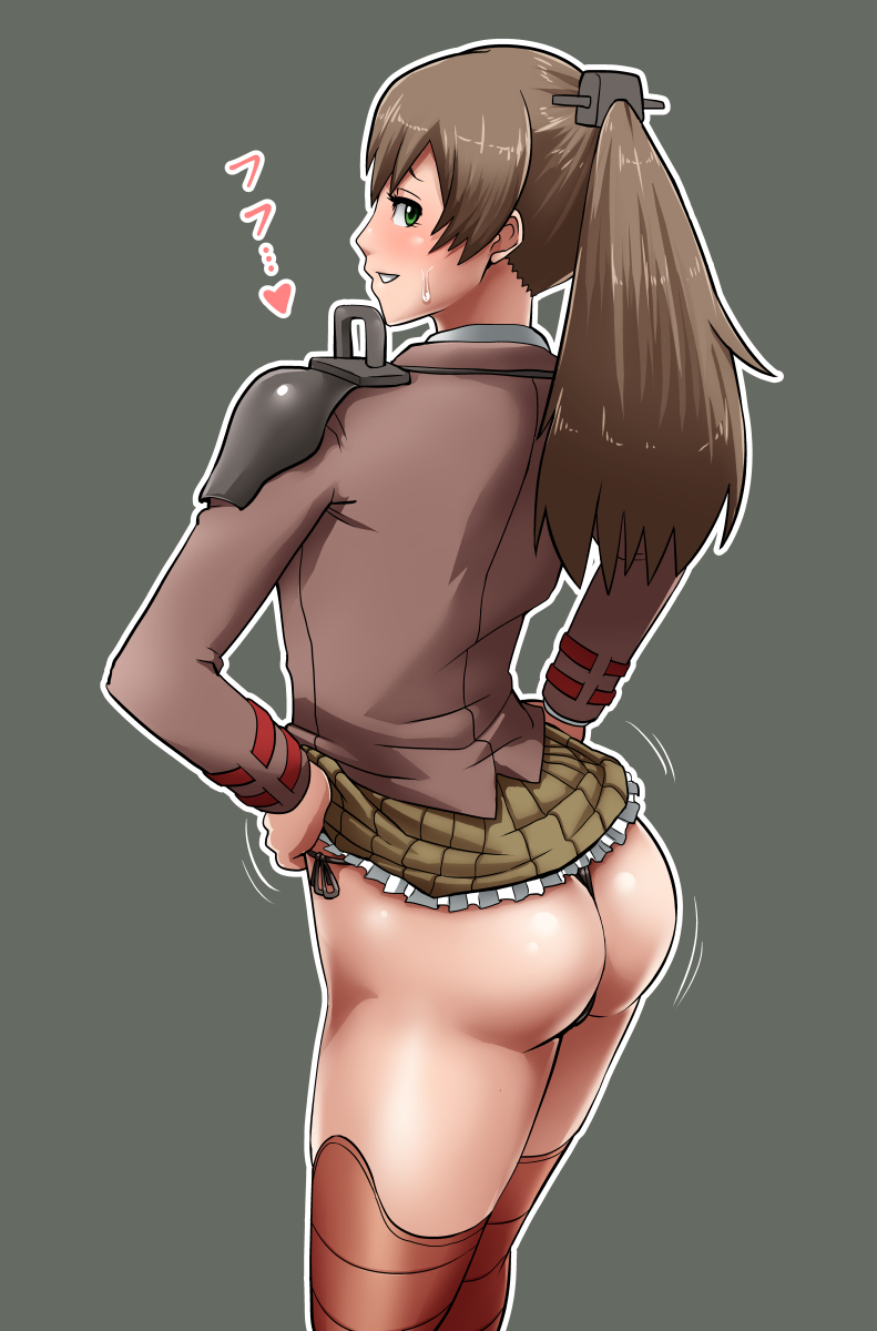 10s 1girl ass brown_hair brown_thighhighs clothes_lift female_focus from_behind green_eyes hair_ornament highres huge_ass jacket jiggle kantai_collection kishio_(agedama) kumano_(kancolle) long_hair looking_back panties pleated_skirt ponytail school_uniform skirt skirt_hold skirt_lift smile solo sweatdrop thighhighs thong translation_request underwear