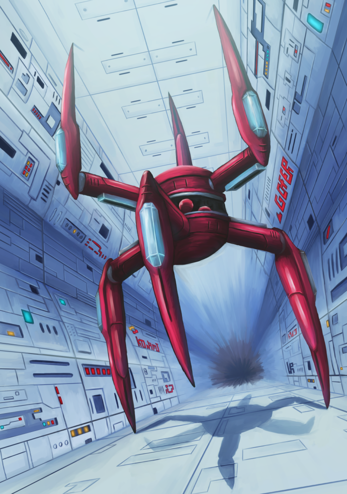 alien boss crab dutch_angle gameplay_mechanics gradius gradius_ii hallway konami machinery mecha no_humans realistic robot sakatsu_ohane science_fiction shadow_dancer spacecraft_interior