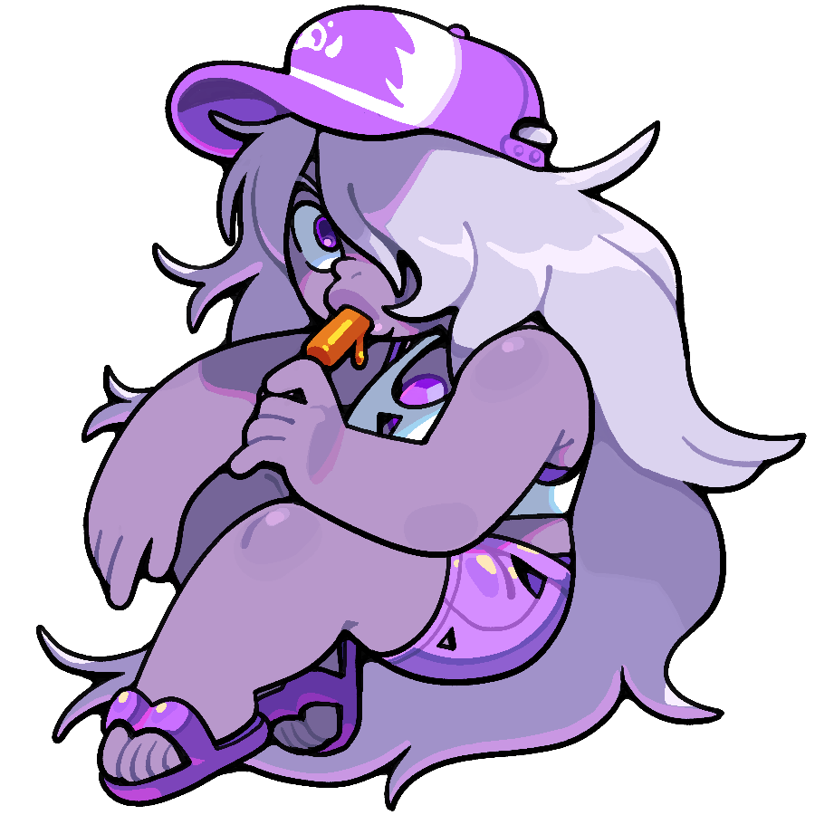 1girl amethyst_(steven_universe) chest_jewel colored_skin deformed discount-supervillain eating flip-flops food food_in_mouth gem grey_hair hair_over_one_eye hat holding holding_food holding_popsicle long_hair melting_popsicle popsicle popsicle_in_mouth purple_skin sandals steven_universe thick_lips