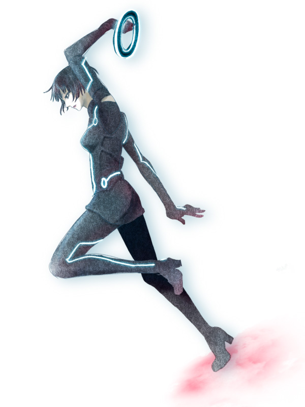 1girl bad_id bad_pixiv_id black_hair bodysuit breasts chakram dutch_angle female_focus full_body high_heels identity_disk iso marow neon_lights neon_trim olivia_wilde quorra science_fiction shoes short_hair simple_background solo tron tron:_legacy tron_legacy weapon