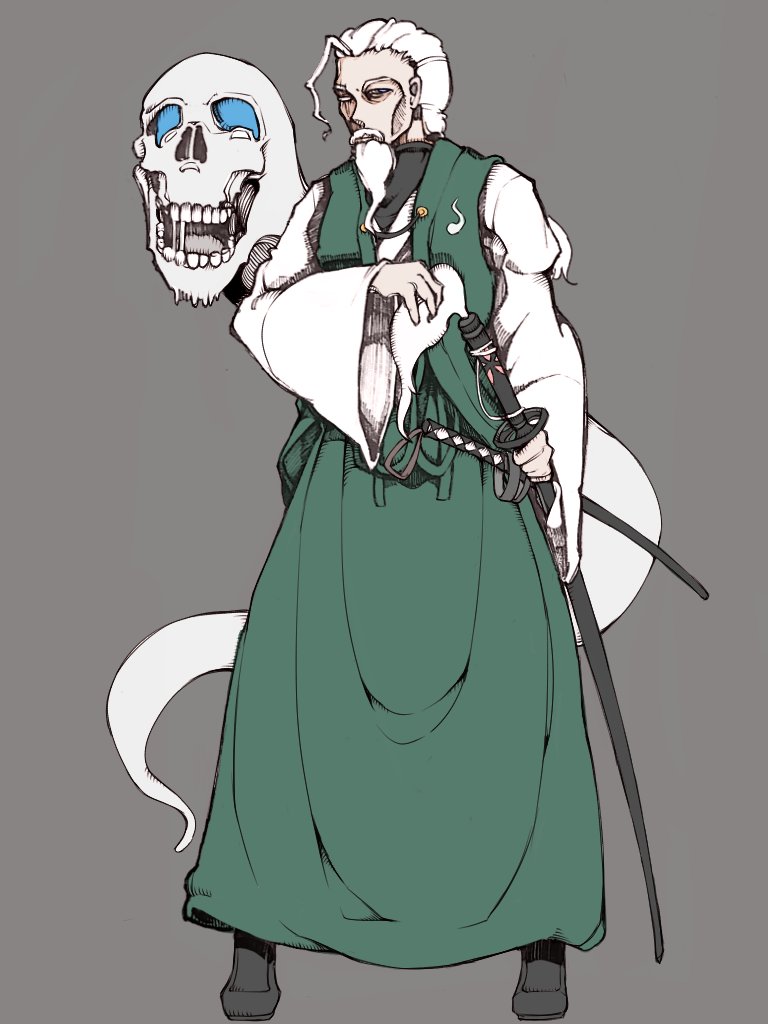 1boy beard black_eyes black_shirt black_shoes bolos commentary drooling facial_hair full_body ghost green_ribbon green_skirt green_vest grey_background hand_on_hilt konpaku_youki loafers long_skirt long_sleeves looking_at_viewer male_focus mustache old old_man open_clothes open_vest pleated_skirt ribbon shirt shoes short_hair simple_background skirt skirt_set skull solo standing tachi-e touhou vest waist_ribbon white_facial_hair white_hair white_sleeves wide_sleeves wrinkled_skin