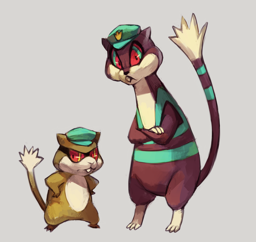 clothed_pokemon commentary crossed_arms evolutionary_line full_body gen_5_pokemon glitchedpuppet grey_background hands_on_own_hips hat looking_at_viewer nintendo patrat pokemon pokemon_(creature) pokemon_mystery_dungeon police_hat red_eyes simple_background watchog
