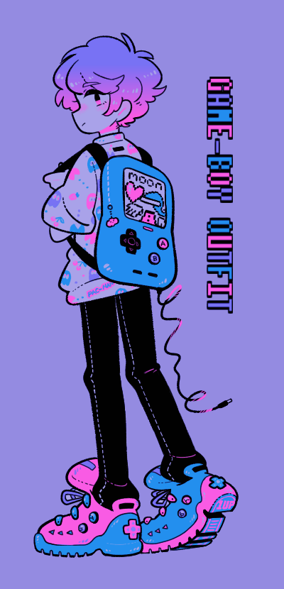 1boy blinky_(pac-man) cherry copyright_name food fruit game_boy handheld_game_console heart inky_(pac-man) jack-o&#039;_ran-tan limited_palette looking_back male_focus moon_(love-de-lic) napoli_no_otokotachi pac-man pac-man_(game) pants player_(moon) purple_background rayman_limbs short_hair solo xoxox0x