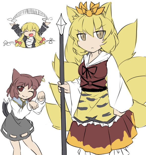 3girls animal_ears animal_print bishamonten&#039;s_spear blonde_hair brown_eyes brown_hair cat_ears cat_tail chen cosplay dress earrings fox_ears fox_tail fun_bo gap_(touhou) grey_dress hair_ornament hair_ribbon hijiri_byakuren hijiri_byakuren_(cosplay) jewelry multiple_girls multiple_tails nazrin nazrin_(cosplay) nekomata one_eye_closed open_mouth paw_pose ribbon single_earring slit_pupils smile tail tiger_print toramaru_shou toramaru_shou_(cosplay) touhou tress_ribbon yakumo_ran yakumo_yukari yellow_eyes