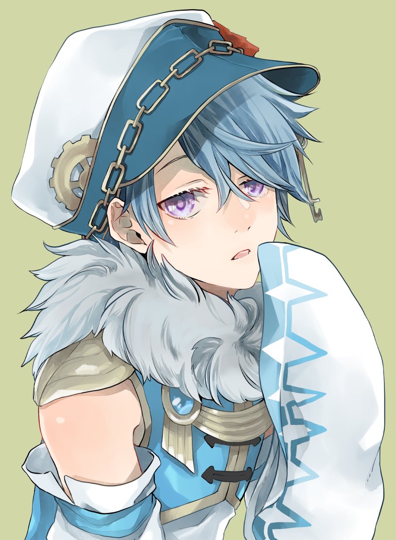 1boy blue_hair blue_hat blue_shirt blue_sleeves commentary_request detached_sleeves fur_collar gear_hat_ornament green_background hair_between_eyes hat hat_chain hat_ornament looking_at_viewer male_focus official_alternate_costume open_mouth peaked_cap pink_eyes ragnarok_online shirt short_hair simple_background solo sorcerer_(ragnarok_online) two-tone_hat two-tone_sleeves upper_body white_hat white_sleeves yutsuki