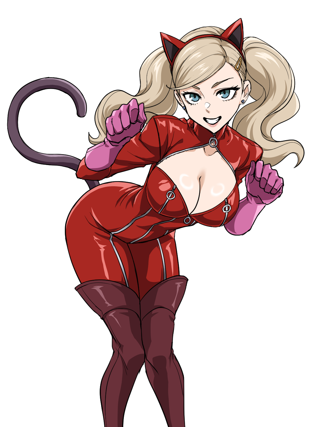 1girl animal_ears blonde_hair blue_eyes bodysuit breasts cat_ears cat_tail cleavage clenched_hands earrings fake_animal_ears gloves grin hair_ornament hairband hairclip hands_up highres jewelry kimleon large_breasts leaning_forward long_hair paw_pose persona persona_5 purple_gloves red_bodysuit red_hairband simple_background smile solo stud_earrings tail takamaki_anne twintails white_background