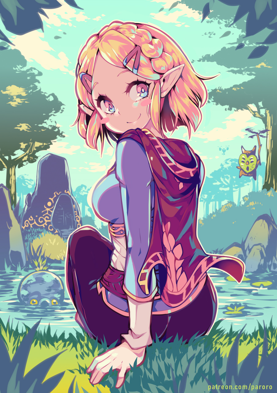 1girl back black_cape black_pants blonde_hair blue_eyes blue_shirt blush blush_stickers braid breasts cape closed_mouth cloud crown_braid day forest grass hair_ornament hairclip highres hood hood_down hooded_cape korok lake leaf long_sleeves looking_at_viewer medium_breasts nature nintendo octorok outdoors pants parororo patreon_username pointy_ears princess_zelda rock shirt short_hair sitting sky smile the_legend_of_zelda the_legend_of_zelda:_breath_of_the_wild the_legend_of_zelda:_tears_of_the_kingdom tree