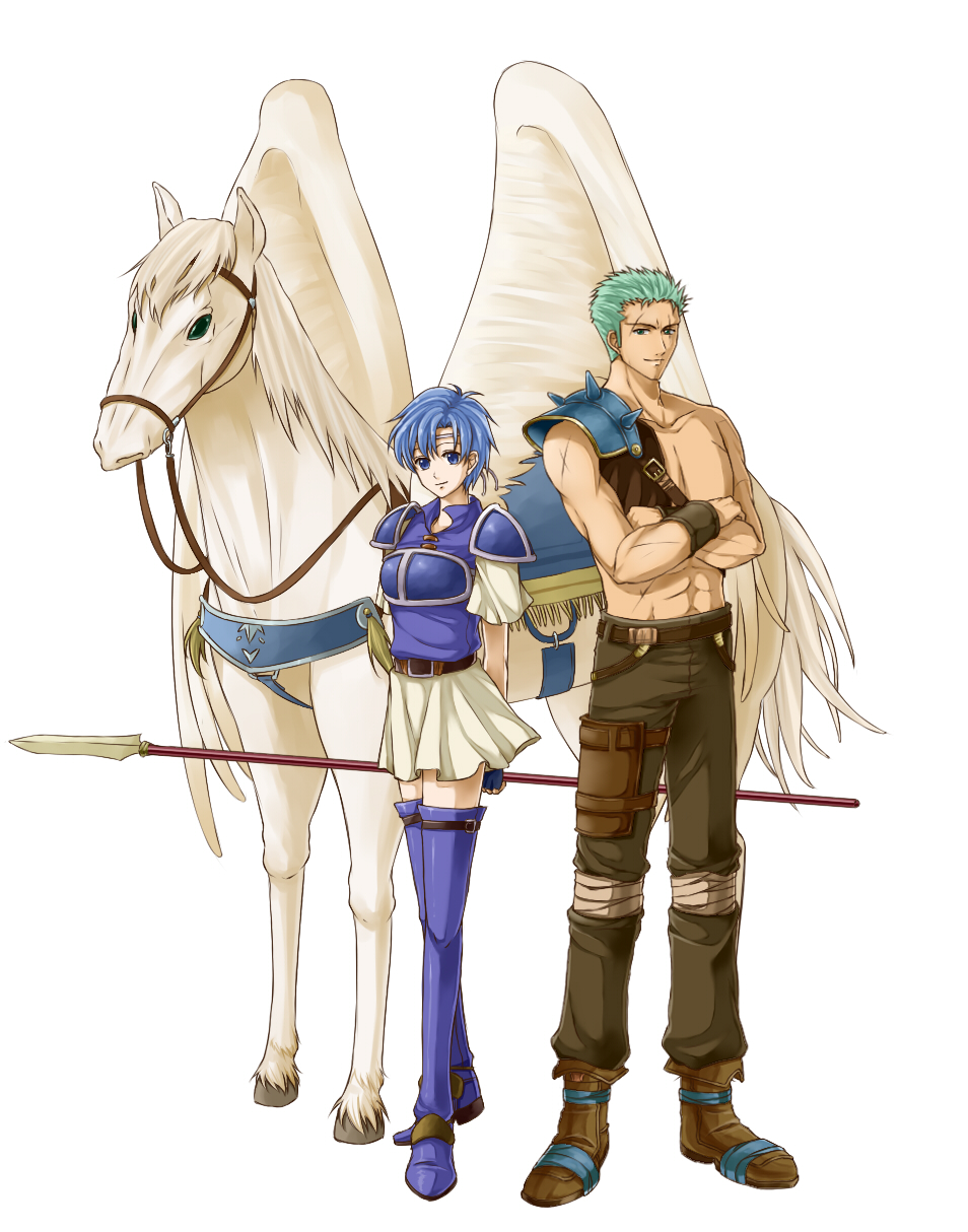 1boy 1girl 1other armor blue_armor blue_hair blue_thighhighs breastplate delsaber dieck_(fire_emblem) fire_emblem fire_emblem:_the_binding_blade full_body green_hair headband highres holding holding_polearm holding_weapon muscular muscular_male nintendo pauldrons pegasus polearm scar scar_across_eye scar_on_arm scar_on_face shanna_(fire_emblem) shoulder_armor single_pauldron spiked_pauldrons thighhighs weapon
