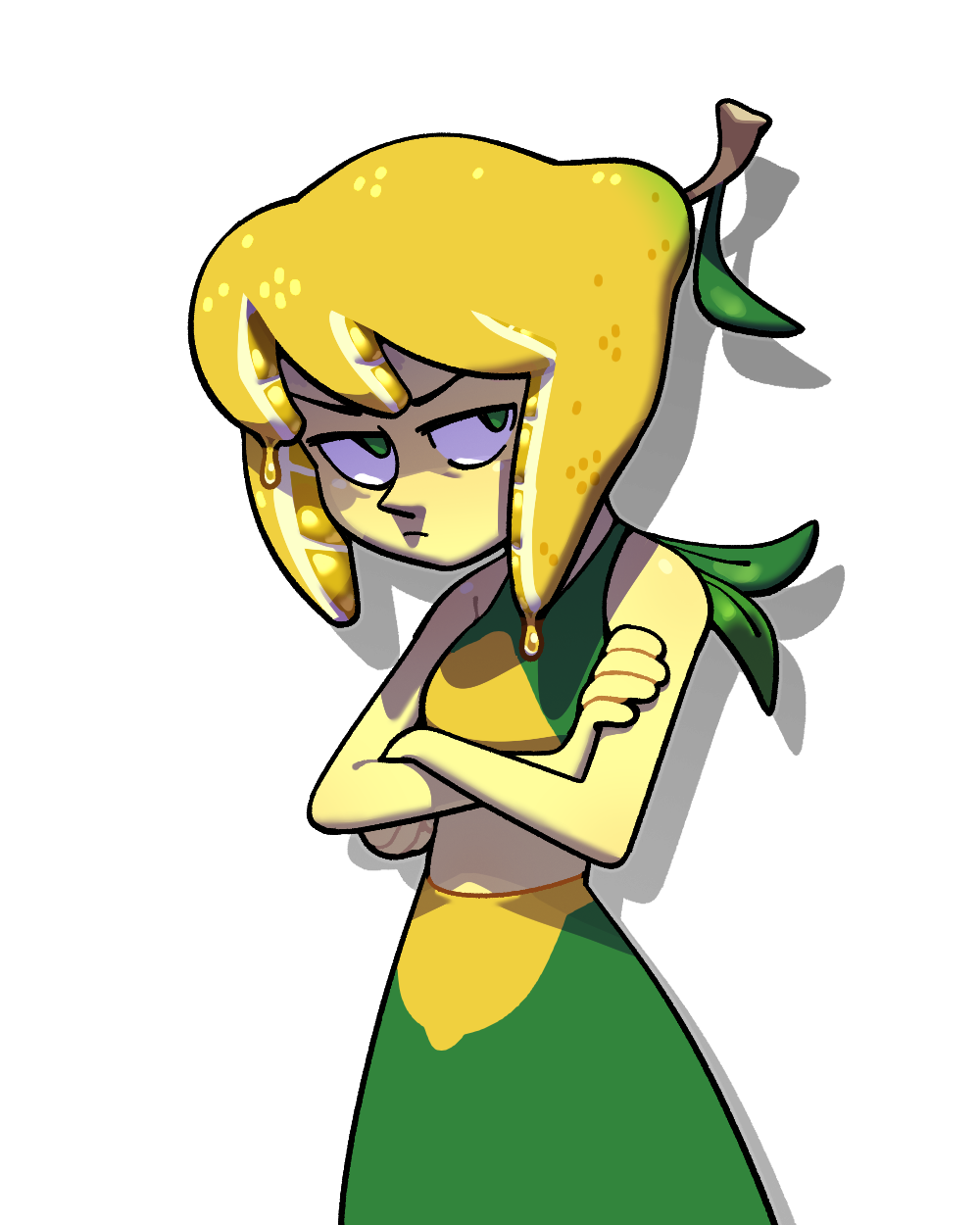 1girl alternate_color alternate_eye_color alternate_hair_color alternate_skin_color blonde_hair colored_skin crop_top discount-supervillain food food-themed_hair fruit highres lapis_lazuli_(steven_universe) leaf lemon solo steven_universe yellow_skin