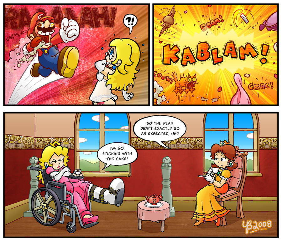 1boy 2girls angry annoyed bed_sheet blonde_hair blue_eyes breasts brown_hair candle cast castle cat chair comic crazy_smile crossed_arms crown dress earrings explosion facial_hair flower_earrings gloves hat jewelry jumping leg_cast long_hair mario mario_(series) multiple_girls mustache nintendo open_mouth orange_dress panties pink_dress princess_daisy princess_peach puffy_short_sleeves puffy_sleeves short_sleeves sitting smile smug speech_bubble super_mario_bros._1 super_mario_land tea teapot thebourgyman underwear wheelchair window worried you_gonna_get_raped