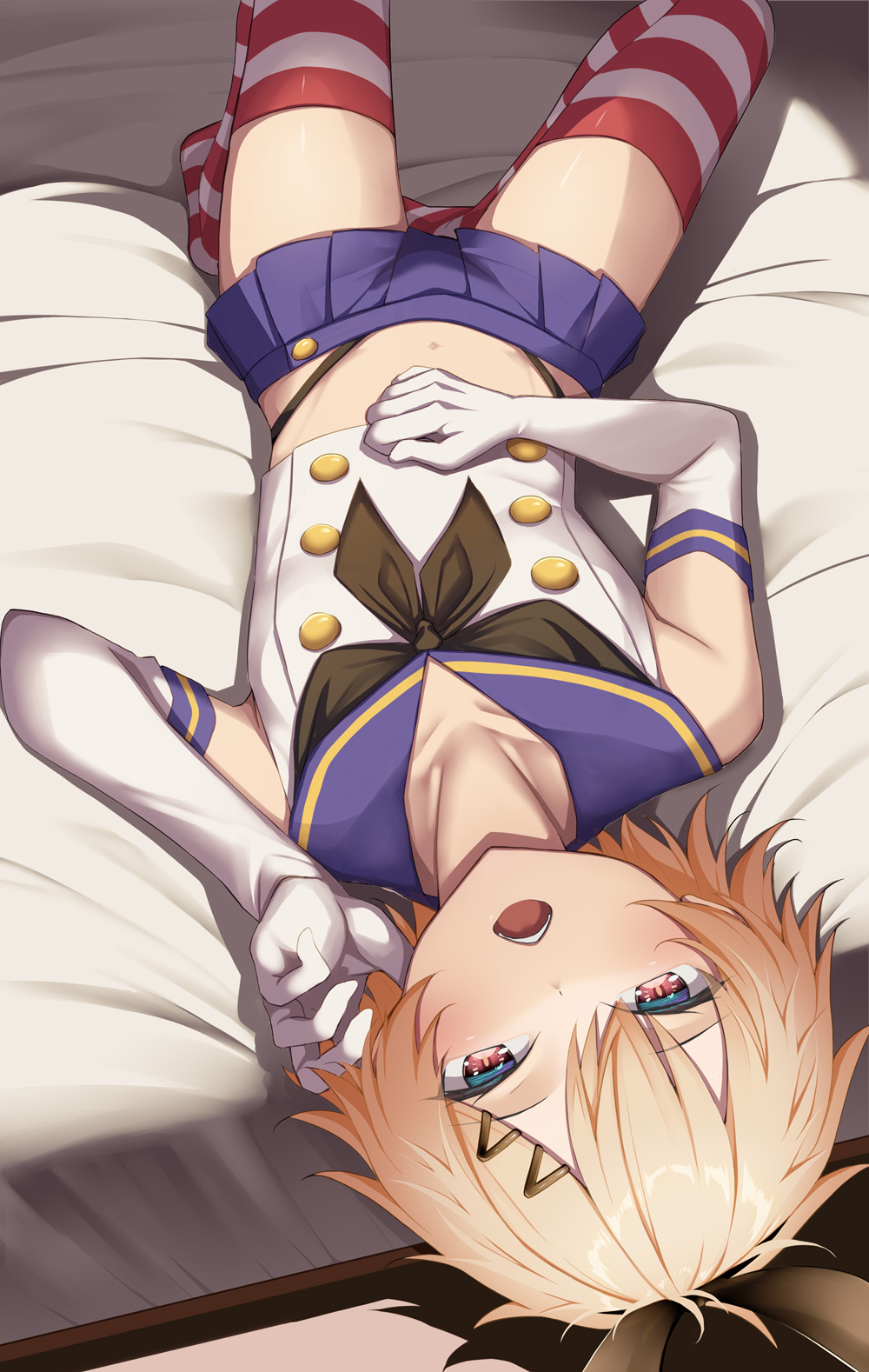 1boy black_neckerchief black_panties blonde_hair blue_eyes blue_sailor_collar blue_skirt cosplay creek_(moon-sky) crop_top crossdressing elbow_gloves gloves highleg highleg_panties highres horizontal-striped_thighhighs kantai_collection lying male_focus microskirt multicolored_eyes navel neckerchief on_back original panties pleated_skirt red_eyes sailor_collar shimakaze-kun shimakaze_(kancolle) shimakaze_(kancolle)_(cosplay) short_hair skirt solo striped_clothes striped_thighhighs thighhighs thong trap two-tone_eyes underwear white_gloves