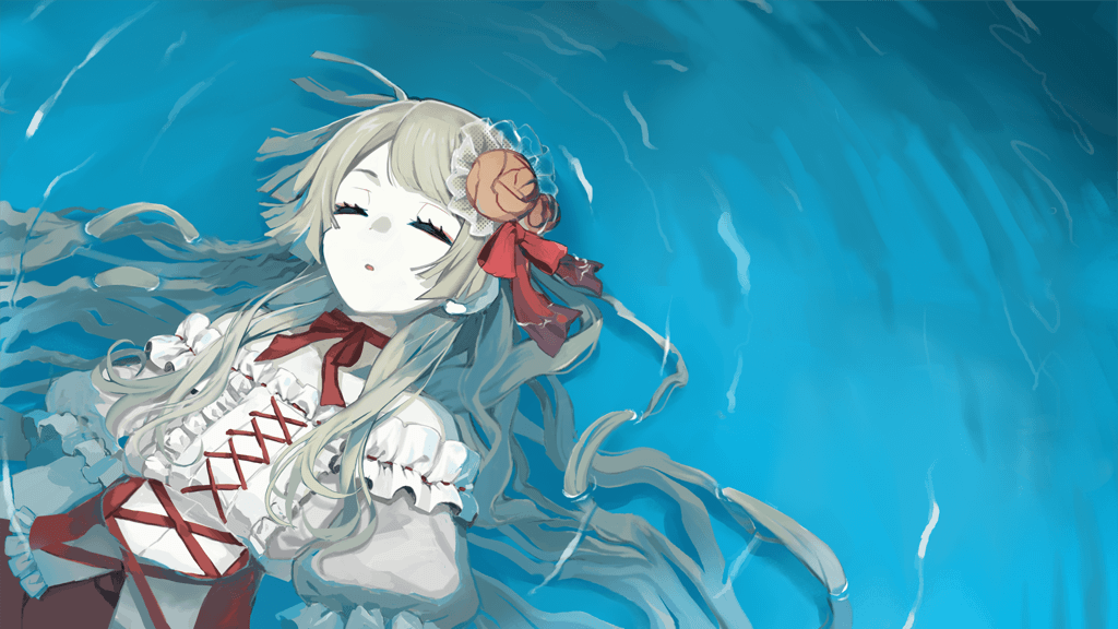 afloat bare_shoulders blonde_hair bow c3_games child closed_eyes dress flower frilled_dress frills long_hair looking_back lying neck_ribbon on_back on_floor on_stomach open_mouth orange_flower orange_rose raison_d&#039;etre red_bow red_dress ribbon rose rose_(raison_d&#039;etre) sleeping water white_dress