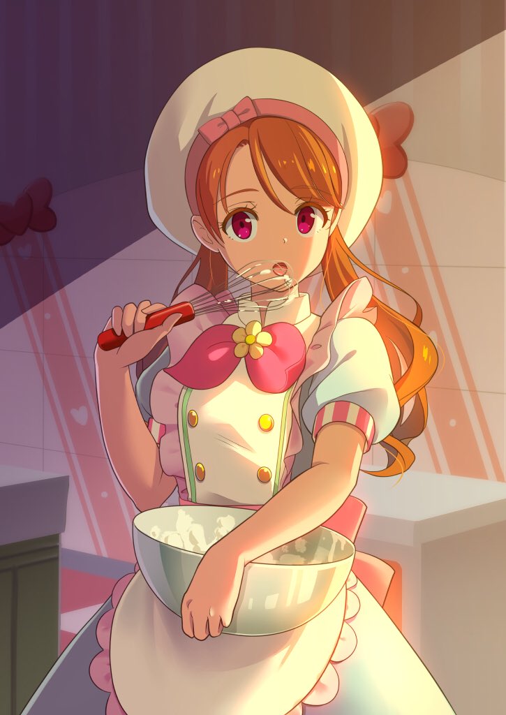 10s 1girl brown_hair camembert_chizuko dutch_angle female_focus hat indoors kirakira_patisserie_uniform kirakira_precure_a_la_mode licking long_hair looking_at_viewer mixing_bowl open_mouth pink_eyes precure solo tongue tongue_out twintails usami_ichika whisk