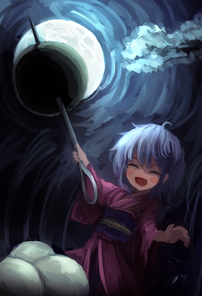 1girl blue_hair blush closed_eyes commentary_request dango food full_moon garakuraku holding holding_needle japanese_clothes kimono long_sleeves mini_person minigirl moon needle night night_sky no_headwear obi open_mouth red_kimono sash sky solo sukuna_shinmyoumaru touhou tsukimi tsukimi_dango wagashi wide_sleeves