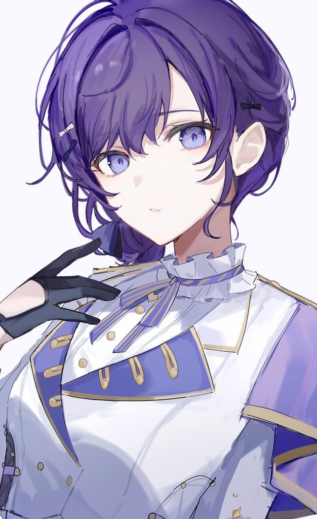 1girl asahina_mafuyu black_gloves bow braid breasts buttons collar frilled_collar frills glove_cutout gloves hair_bow hair_bun hand_up jacket lapels looking_at_viewer medium_breasts neck_ribbon official_alternate_costume official_alternate_hairstyle parted_lips project_sekai purple_eyes purple_hair ribbon shoulder_boards sidelocks single_hair_bun solo striped_ribbon upper_body white_background white_collar white_jacket yukiusagi_(yukiusagi_52)