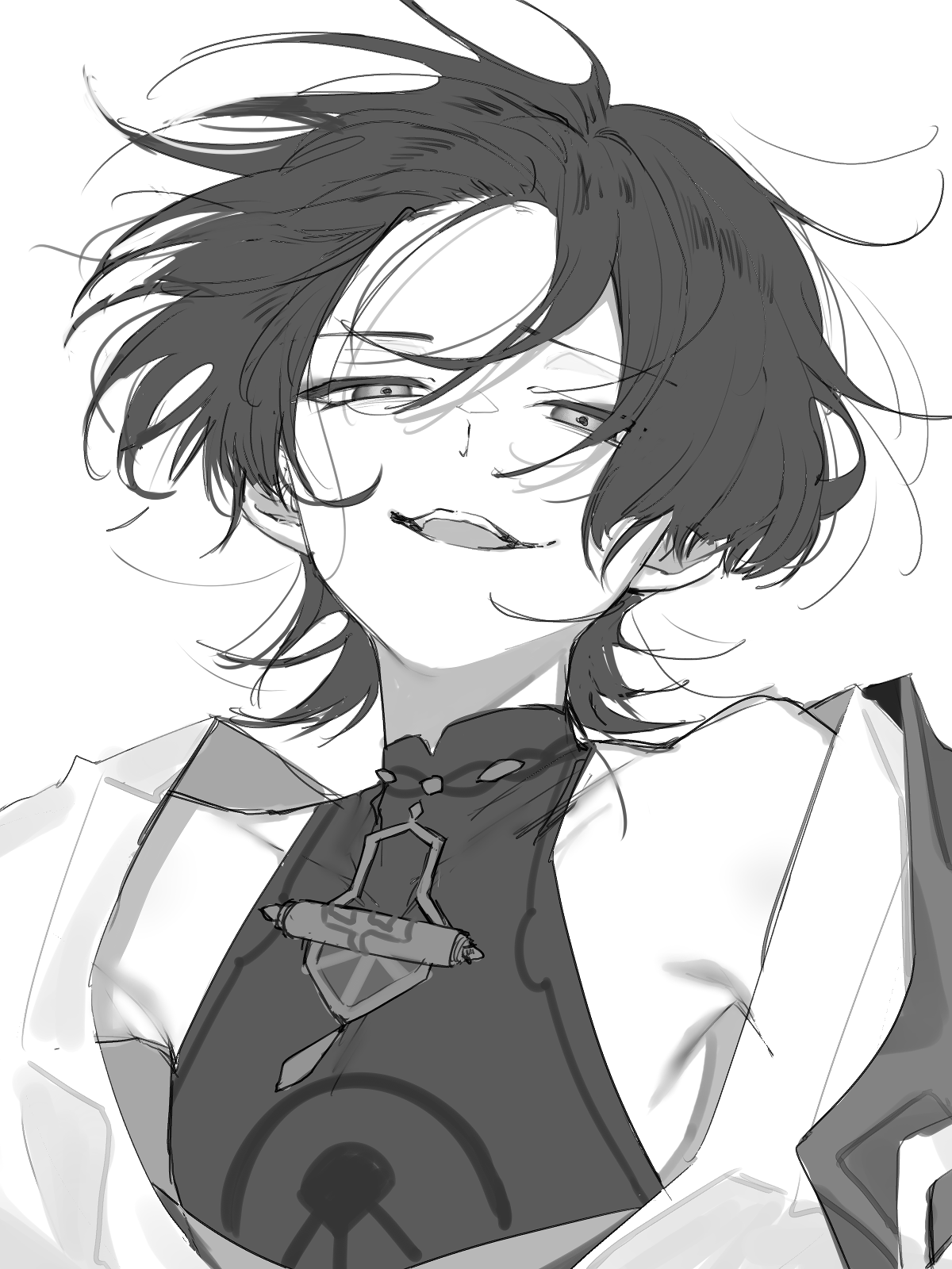 1boy armpit_crease armpits bare_shoulders blunt_ends bodysuit buku2_suisou collarbone disheveled genshin_impact hair_between_eyes highres japanese_clothes kimono looking_at_viewer loose_hair_strand male_focus mandarin_collar monochrome open_clothes open_kimono open_mouth scaramouche_(genshin_impact) solo squinting swept_bangs teeth upper_body upper_teeth_only wanderer_(genshin_impact) white_background