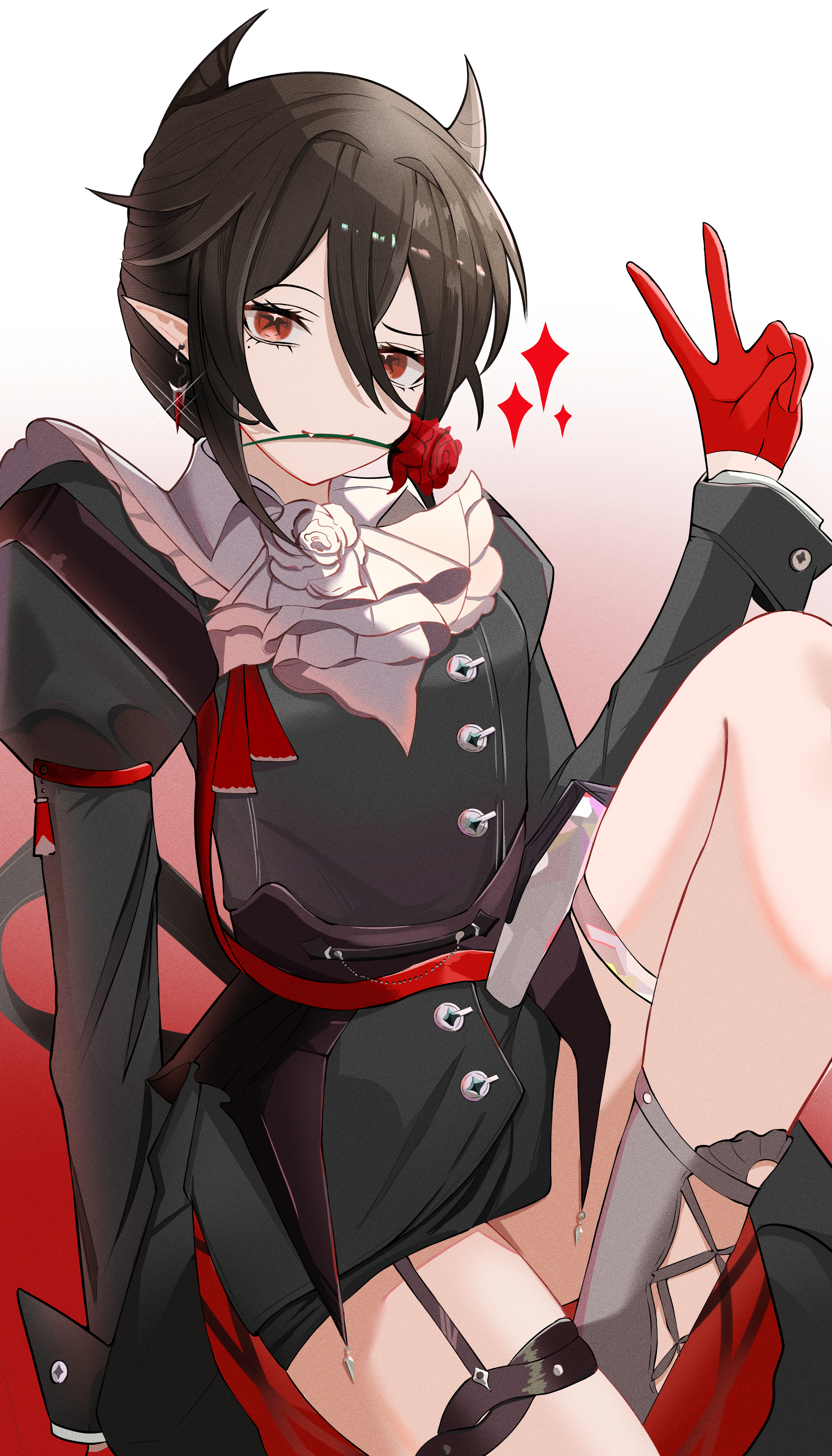 1girl absurdres arknights arm_up ascot black_dress black_hair dress earrings entelechia_(arknights) fang fang_out flower glint gloves gradient_background hair_between_eyes hair_horns highres jewelry juliet_sleeves knee_up long_sleeves looking_at_viewer mouth_hold pointy_ears puffy_sleeves red_background red_eyes red_flower red_gloves red_rose rose secret1122 short_hair sitting sleeve_garter solo v white_ascot white_background white_flower white_rose
