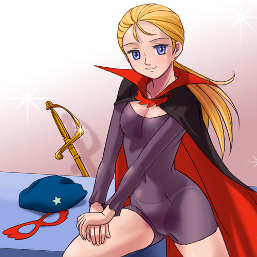 1970s_(style) 1girl beret blonde_hair blue_eyes cape domino_mask female_focus haruyama_kazunori hat la_seine_no_hoshi lowres mask oldschool ponytail retro_artstyle see-through_clothes simone_(la_seine_no_hoshi) solo sunrise_(company) sword unworn_mask weapon
