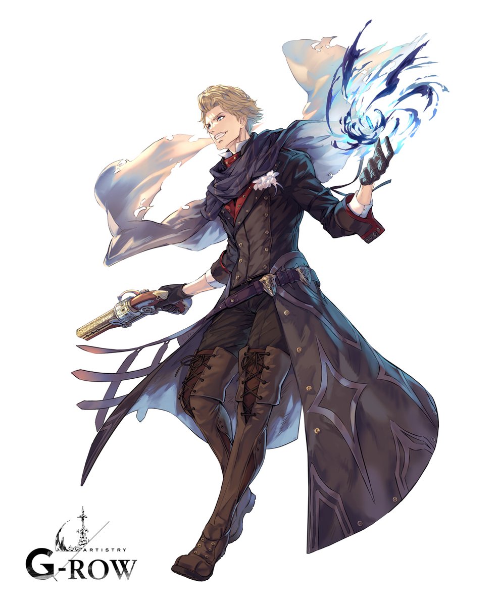 1boy belt black_gloves blonde_hair boots brown_boots commentary_request edgar_(ta_ga_tame_no_alchemist) floating_cape full_body gloves gun hair_behind_ear highres holding holding_gun holding_weapon official_art rinzo scarf second-party_source simple_background solo standing ta_ga_tame_no_alchemist weapon white_background