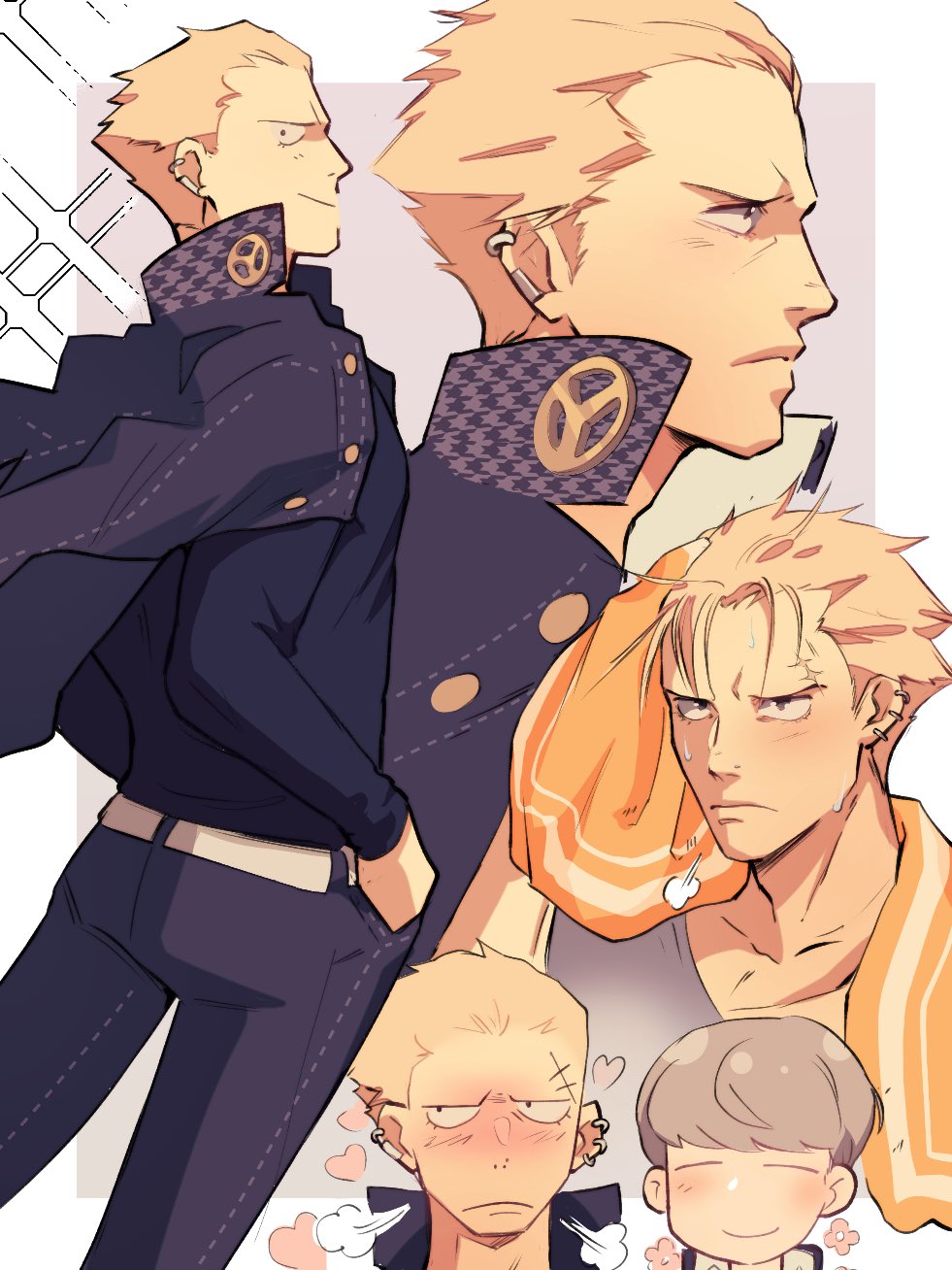 2boys belt black_jacket black_pants black_shirt blonde_hair blush border breath closed_eyes closed_mouth collarbone collared_jacket commentary drying drying_hair ear_piercing earrings english_commentary frown grey_hair hair_slicked_back highres houndstooth impetuss jacket jewelry jitome long_sleeves looking_to_the_side male_focus multiple_boys multiple_earrings multiple_views narukami_yu pants persona persona_4 piercing popped_collar puff_of_air scar scar_on_face scar_on_forehead shirt shirt_tucked_in short_sideburns sideways_glance smile solo_focus tatsumi_kanji towel white_belt white_border