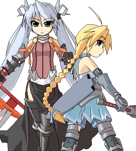 2girls blonde_hair borrowed_character braid girl_with_a_blonde_braid_(tomoshibi_hidekazu) grey_hair katakata_un lowres mof mof&#039;s_silver_haired_twintailed_girl multiple_girls oekaki original redrantem&#039;s_orange_haired_girl thighhighs twintails