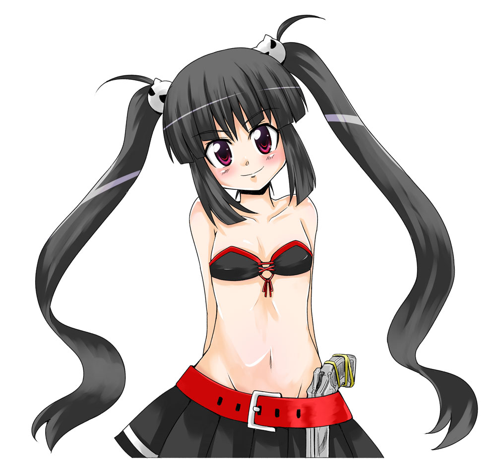 1girl black_hair blush female_focus groin gun kooh long_hair looking_at_viewer naegi_(naegidokoro) pangya short_hair simple_background smile solo twintails very_long_hair weapon white_background