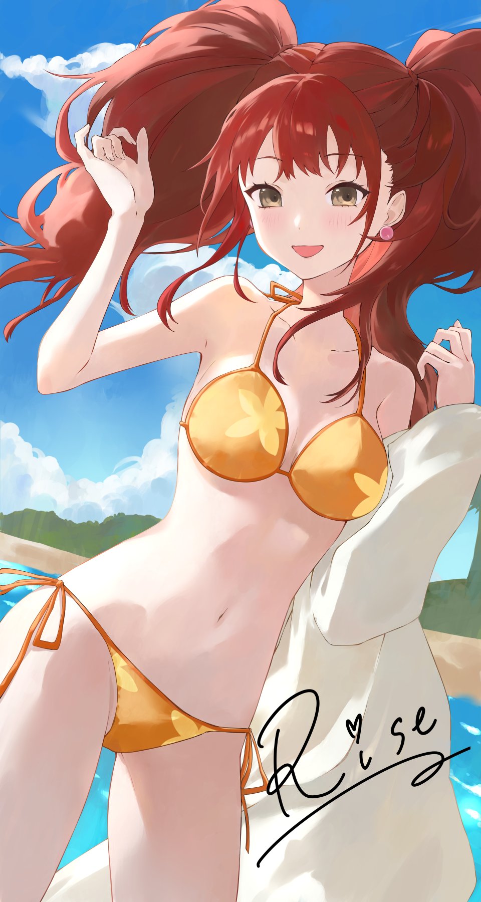 1girl alternate_costume bikini blush breasts brown_eyes brown_hair earrings floral_print gold_bikini highres holding holding_towel jewelry konchi_(63438789) kujikawa_rise looking_at_viewer open_mouth persona persona_4 smile solo swimsuit towel twintails