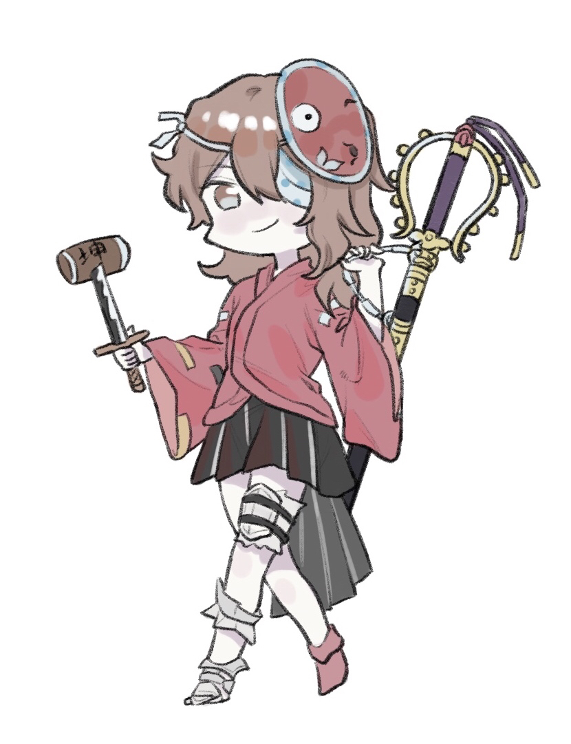 1other ametsukana_yago androgynous bandage_over_one_eye black_hakama black_skirt brown_eyes brown_hair closed_mouth commentary crossed_legs dagger dated_commentary full_body hakama hakama_short_skirt hakama_skirt holding holding_dagger holding_knife holding_strap holding_weapon japanese_clothes jishixingle1029 knife len&#039;en light_blush long_hair long_sleeves looking_at_viewer mask mask_on_head mechanical_legs noh_mask one-eyed other_focus pale_skin patch red_shirt red_sleeves red_socks sheath sheathed shirt simple_background single_mechanical_leg single_sock skirt smile socks solo sword weapon weapon_on_back white_background wide_sleeves
