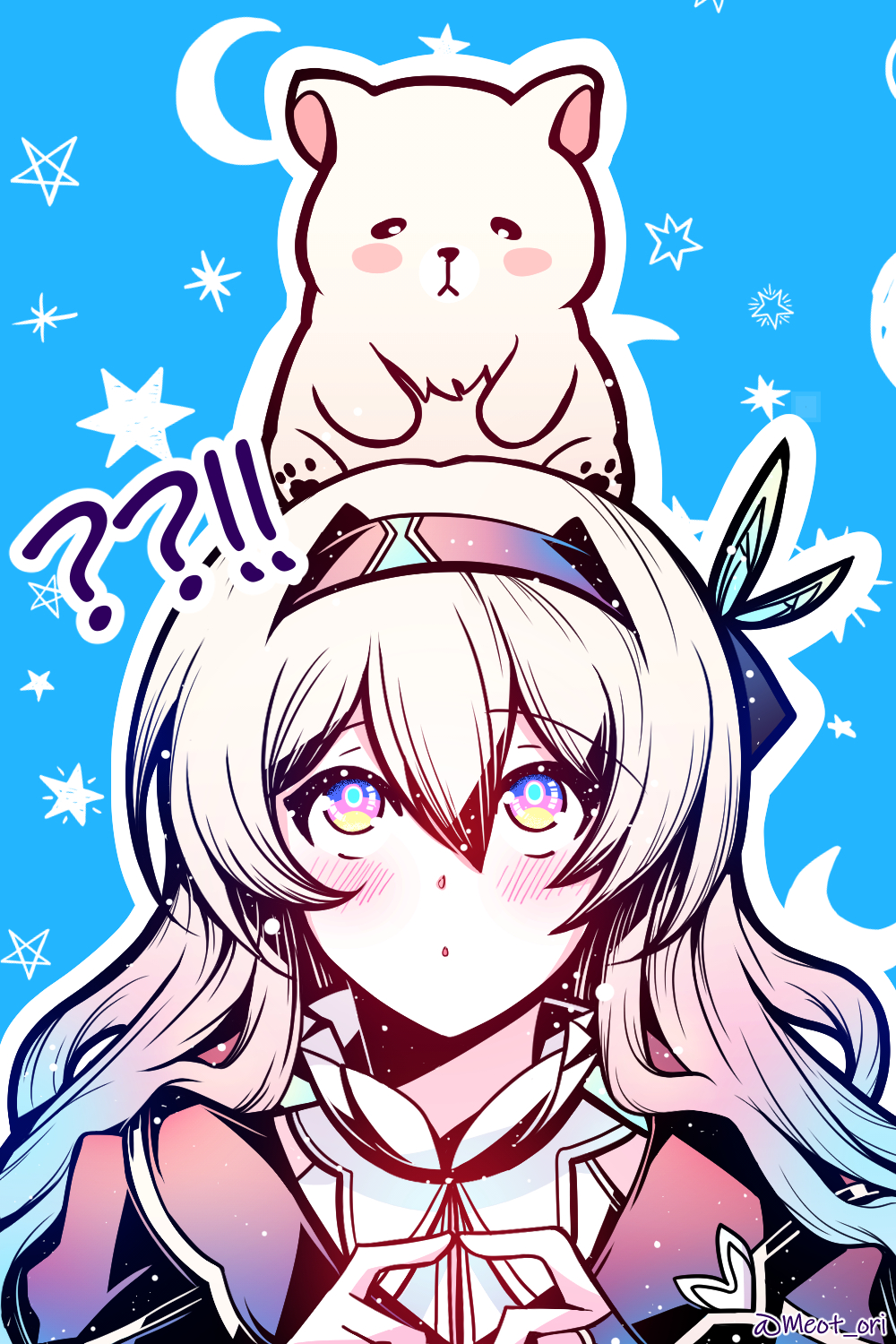 !? 1girl 1other bear blush bridal_gauntlets collared_shirt crescent_moon electronduck firefly_(honkai:_star_rail) gradient_eyes gradient_hair green_pupils grey_hair hair_between_eyes hair_intakes hair_ornament hair_ribbon hairband highres honkai:_star_rail honkai_(series) index_fingers_together jacket long_hair looking_up moon multicolored_eyes multicolored_hair own_hands_together ribbon shirt single_bridal_gauntlet star_(symbol) twitter_username two-tone_eyes white_shirt