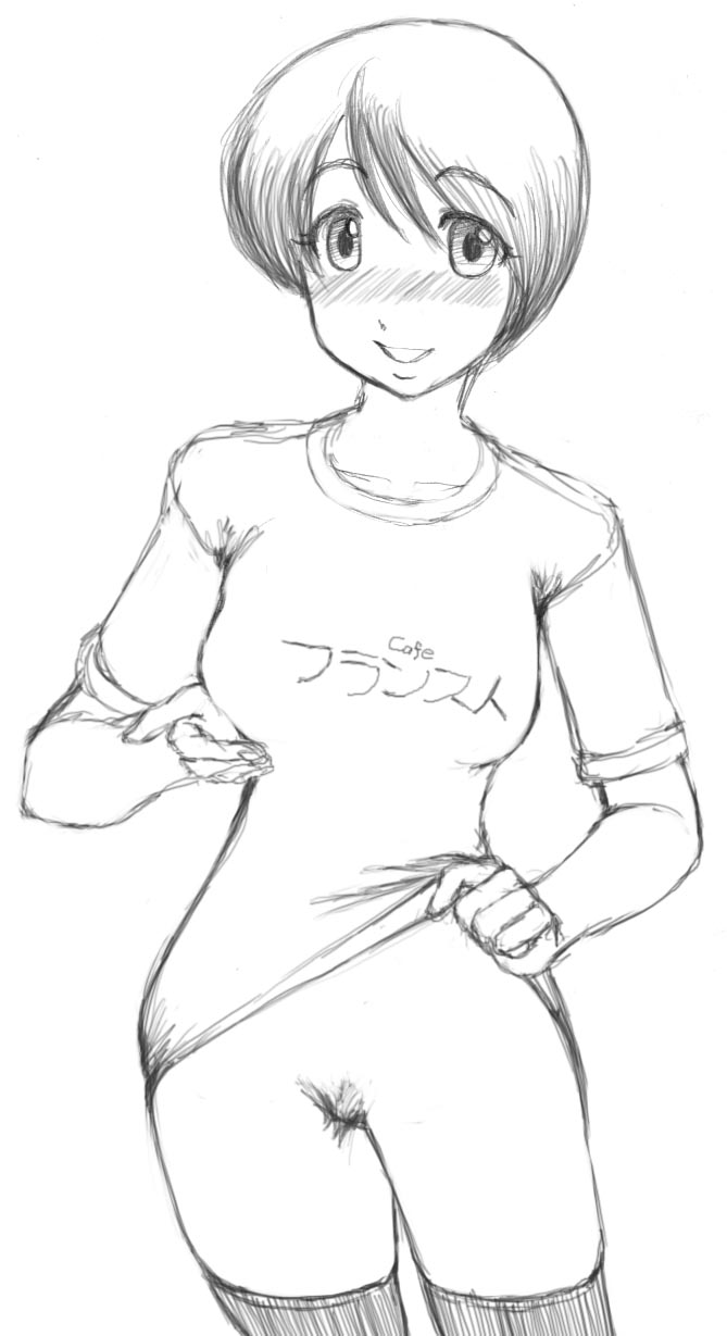 1girl bad_id bad_pixiv_id bottomless clothes_lift clothes_writing female_focus female_pubic_hair greyscale highres hiwatari looking_at_viewer mashitaka monochrome naked_shirt no_panties open_mouth pubic_hair pussy shimau shirt shirt_lift short_hair simple_background smile solo t-shirt thighhighs uncensored white_background yotsubato!