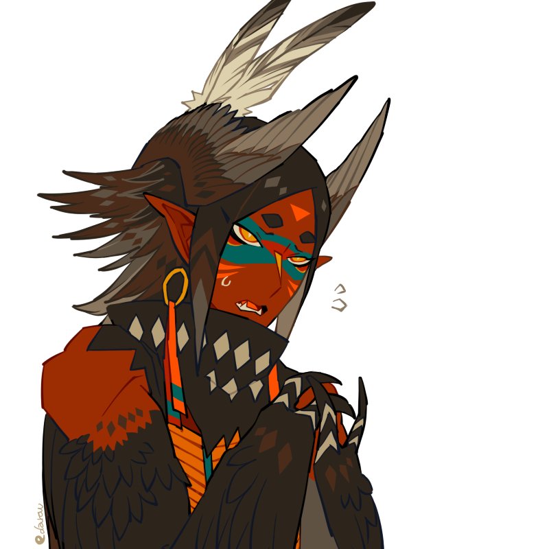 1boy bird_wings brown_hair brown_wings claws commentary dark-skinned_male dark_skin dated_commentary edarow facepaint fangs feather_hair feather_hair_ornament feathered_wings feathers flying_sweatdrops hair_ornament hands_up harpy_boy male_focus monster_boy original pointy_ears simple_background solo symbol-only_commentary upper_body white_background winged_arms wings yellow_eyes