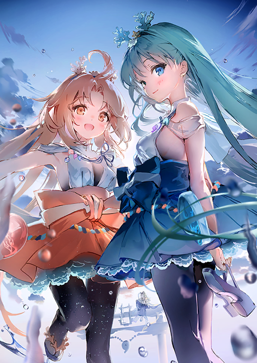 1boy 2girls :d :o ahoge anmi azumi-no-isora_(fate) black_pantyhose blue_skirt blue_sky blush bow breasts coral coral_hair_ornament fate/grand_order fate_(series) feet_out_of_frame game_cg green_eyes green_hair hair_ornament hairband hibino_hibiki holding holding_shoes holding_unworn_clothes jewelry katsuragi_chikagi long_hair looking_at_viewer looking_back multiple_girls official_art open_mouth orange_eyes orange_hair orange_skirt pantyhose sandals shirt shoes short_hair side-by-side sideboob skirt sky small_breasts smile standing standing_on_one_leg torii unworn_shoes water water_drop white_shirt