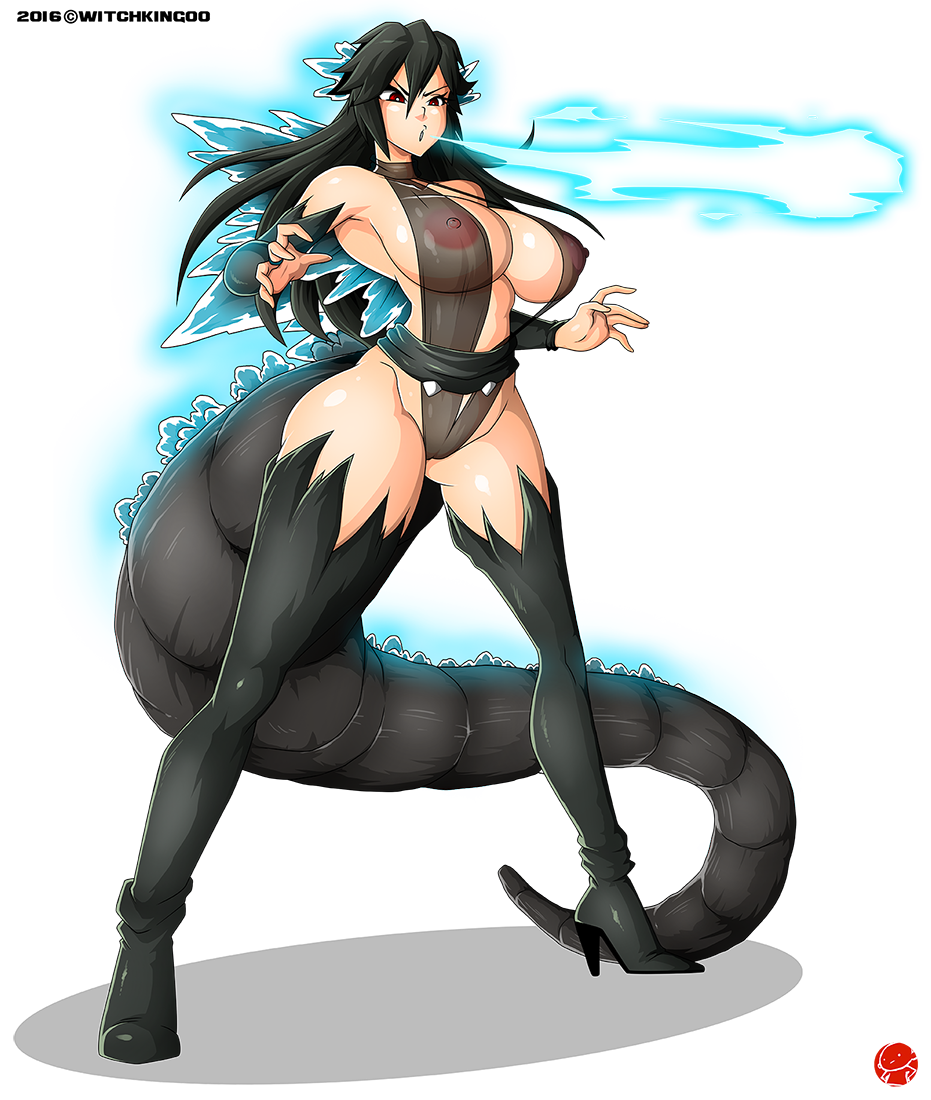 1girl atomic_breath black_hair boots breasts breath_weapon cosplay dinosaur energy energy_beam genderswap genderswap_(mtf) glowing glowing_spikes godzilla godzilla_(cosplay) godzilla_(series) high_heel_boots high_heels humanization kaiju large_breasts monster monster_girl mouth_beam personification plasma plasma_beam puffy_nipples pussy red_eyes revealing_clothes sagging_breasts see-through_clothes slingshot_swimsuit swimsuit tail thigh_boots thighhighs toho witchking00