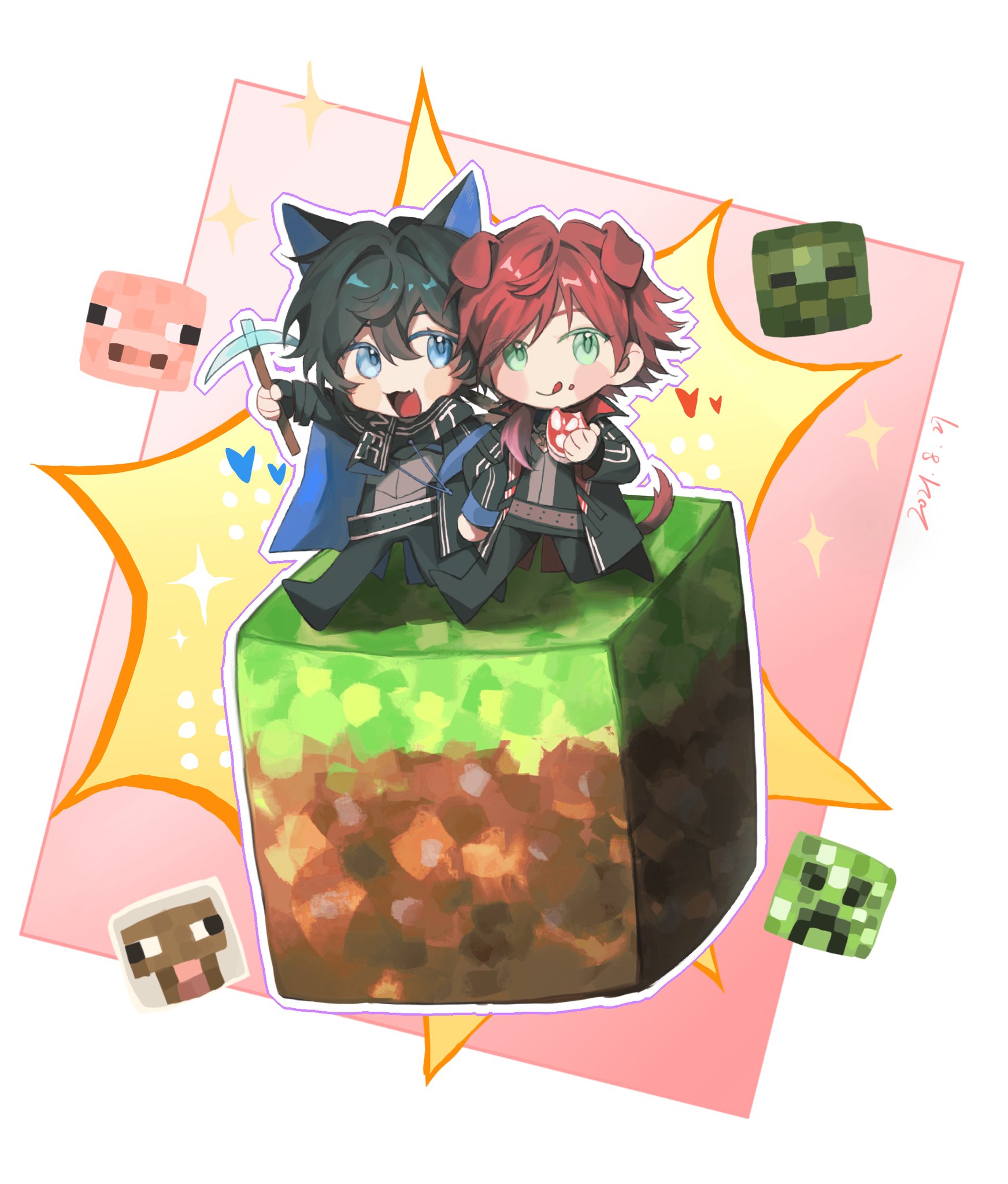 2boys animal_ears axia_krone axia_krone_(1st_costume) belt black_belt black_coat black_hair black_pants black_scarf block_(minecraft) blue_cape blue_eyes blush border brown_belt cape cat_ears chibi coat collared_coat colored_eyelashes creeper crumbs dog_ears dog_tags eating floppy_ears food green_eyes grey_shirt head_only heart high_collar highres holding holding_food holding_pickaxe kemonomimi_mode komatsu2536 lauren_iroas lauren_iroas_(1st_costume) locked_arms long_sleeves minecraft minecraft_pickaxe multiple_boys nijisanji open_clothes open_coat open_mouth pants pickaxe pig_(minecraft) pink_background red_hair scarf sheep_(minecraft) shirt short_hair signature smile sparkle tongue tongue_out virtual_youtuber walking white_border yaoi zombie_(minecraft)