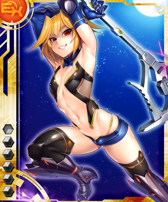 1girl breasts card_(ex-orange) card_(medium) curvy female_focus lebe_safree_(taimanin_asagi) navel outdoors shorts sky solo taimanin_(series) taimanin_asagi_battle_arena_all_card_gallery taimanin_asagi_kessen_arena zol