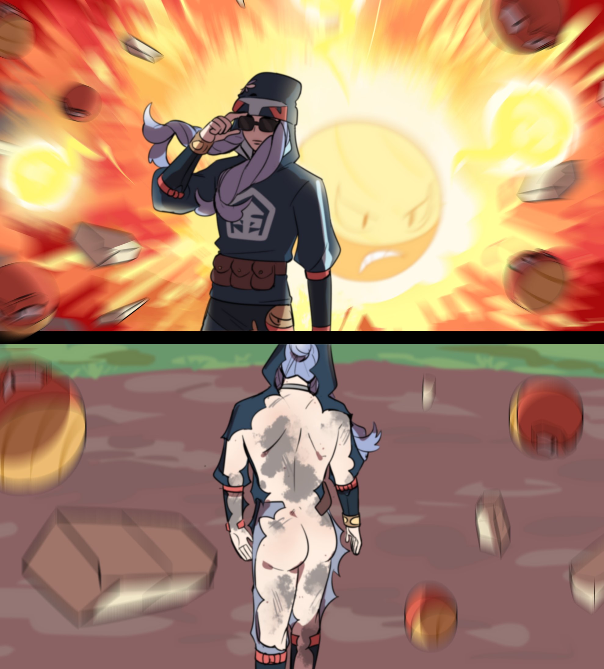 1boy armlet ass bag belt blurry blurry_background bracelet burnt burnt_clothes debris diamond_clan_outfit dirt explosion explosion_(pokemon) grass hair_bun highres hisuian_electrode hisuian_voltorb hood hooded_top hoodie jewelry long_hair male_focus melli_(pokemon) meme_request neck_ring nintendo pokemon pokemon_(creature) pokemon_legends:_arceus purple_hair saphirune satchel self-destruct_(pokemon) sunglasses