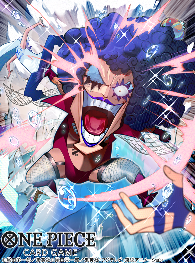 1boy afro attack blue_eyeshadow boots commentary_request copyright_name crown emporio_ivankov eyeshadow fishnet_thighhighs fishnets full_body garter_straps gloves jewelry long_eyelashes looking_at_viewer makeup male_focus marine_(one_piece) marine_uniform_(one_piece) motion_lines necklace official_art one_eye_closed one_piece one_piece_card_game open_mouth pearl_necklace plunging_neckline purple_hair purple_lips ryuda solo thighhighs