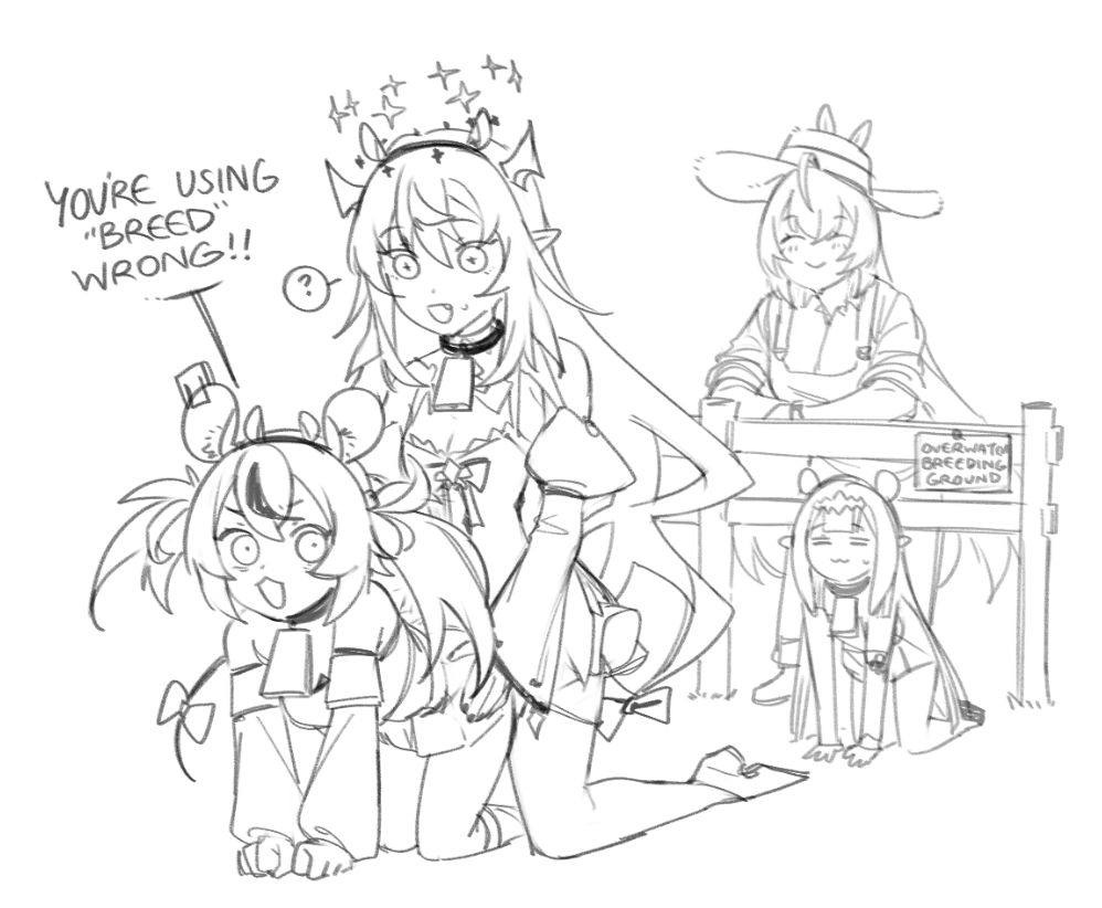 4girls :3 :d =_= ? ^_^ all_fours animal_ear_hairband animal_ears bell closed_eyes commentary cowbell dasdokter earclip english_commentary english_text fake_animal_ears fang fence greyscale hair_between_eyes hairband hakos_baelz hat hololive hololive_english horns irys_(hololive) kneeling long_hair monochrome mouse_ears mouse_girl mouse_tail multiple_girls nanashi_mumei neck_bell ninomae_ina&#039;nis open_mouth pointy_ears sign smile spoken_question_mark tail very_long_hair virtual_youtuber