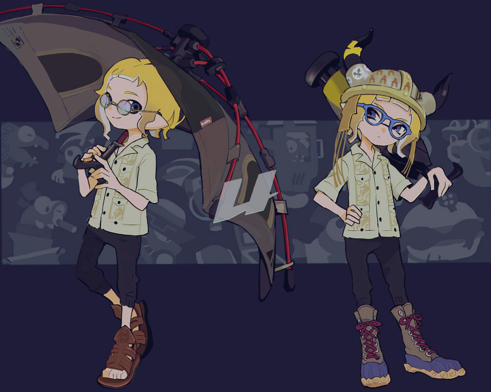 2girls black_pants blonde_hair blue-framed_eyewear boots brown_footwear buttons closed_umbrella commentary fake_horns flipper-flopper_(splatoon) flyfish_(splatoon) goldie_(splatoon) griller_(splatoon) helmet holding holding_umbrella horned_helmet horns imaikuy0 inkling inkling_girl inkling_player_character lace-up_boots multiple_girls nintendo pants pointy_ears purple_eyes round_eyewear sandals scrapper_(splatoon) shirt short_hair short_sleeves smallfry_(splatoon) smile splatoon_(series) steel_eel_(splatoon) steelhead_(splatoon) stinger_(splatoon) sweatpants symbol-only_commentary tenta_brella_(splatoon) tentacle_hair umbrella umbrella_over_shoulder