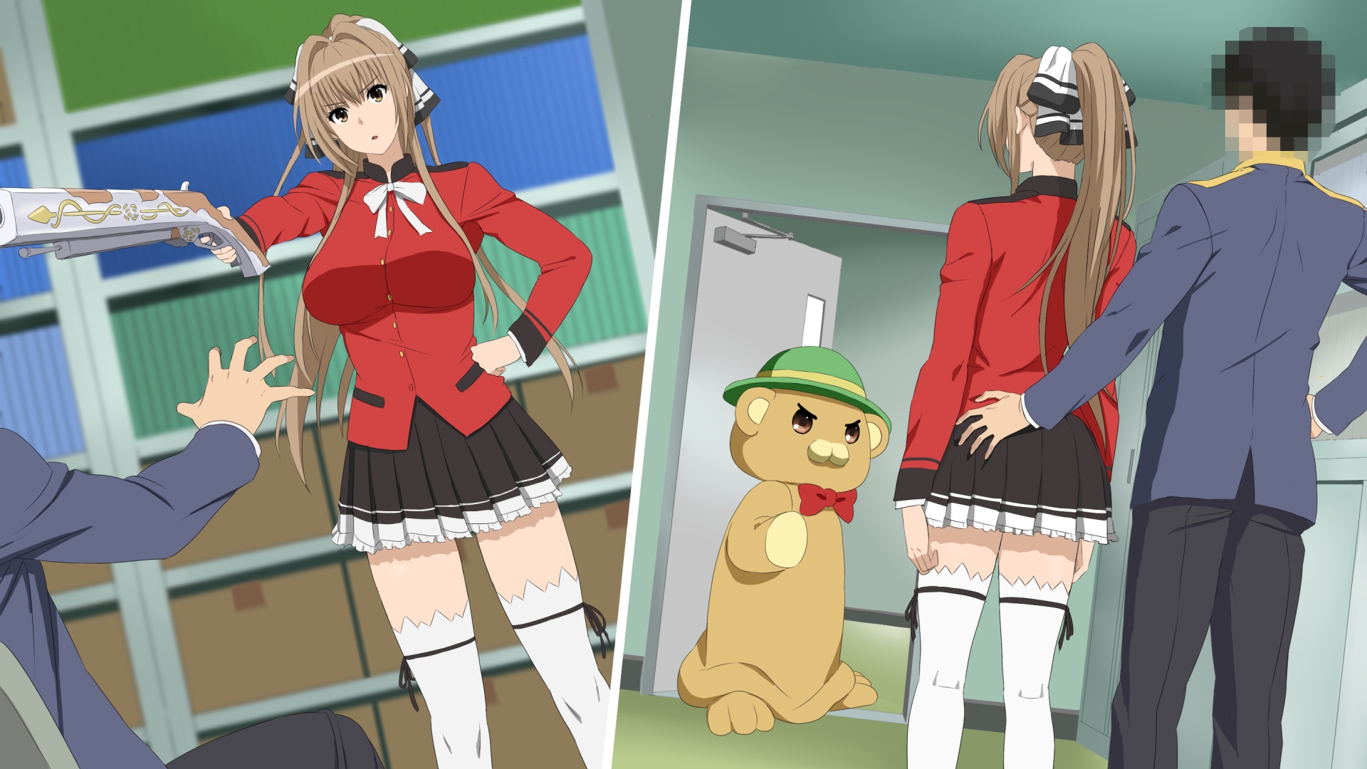 1boy 1girl amagi_brilliant_park at_gunpoint black_skirt blurry bookcase box breasts brown_eyes brown_hair cardboard_box censored censored_identity cottage depth_of_field door green_headwear gun hair_ribbon hand_on_own_hip high_ponytail highres large_breasts long_hair mascot moffle open_mouth pleated_skirt ponytail ribbon sento_isuzu skirt tagme thighhighs weapon zettai_ryouiki