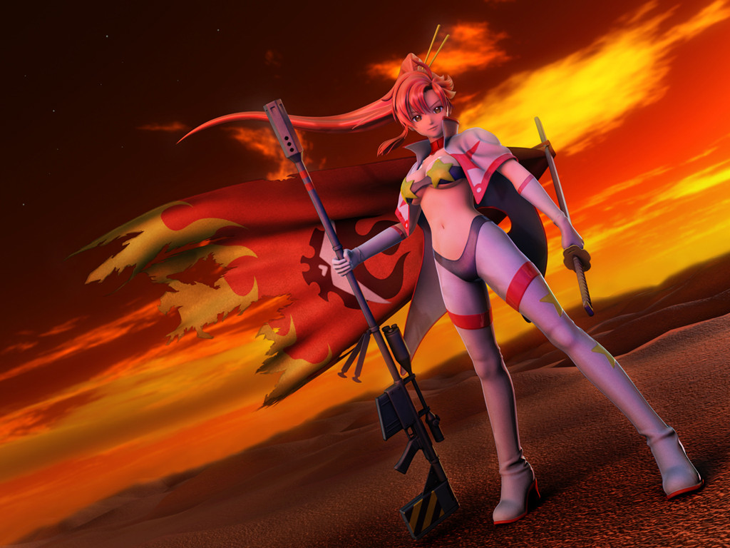 00s 1girl 3d anti-materiel_rifle breasts cloud female_focus flag gun kanzeon medium_breasts midriff non-web_source rifle sky sniper_rifle solo star_(sky) star_(symbol) starry_sky sunset sword tengen_toppa_gurren_lagann underboob weapon yoko_littner