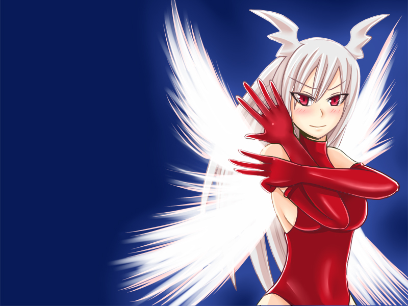 1girl bare_shoulders blush breasts elbow_gloves female_focus final_fantasy final_fantasy_tactics gloves gradient_background grey_hair head_wings long_hair rawza red_eyes solo ultima_(fft) wings