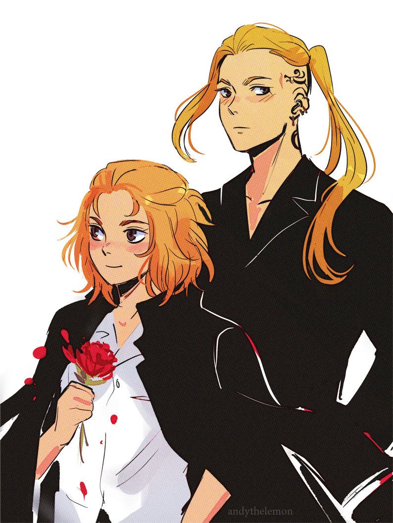 2boys andythelemon black_jacket blonde_hair blush brown_eyes closed_mouth collarbone collared_shirt flower height_difference jacket long_hair male_focus multiple_boys ponytail rose ryuuguuji_ken sano_manjirou shaved_head shirt simple_background smile tattoo tokyo_revengers white_background white_shirt