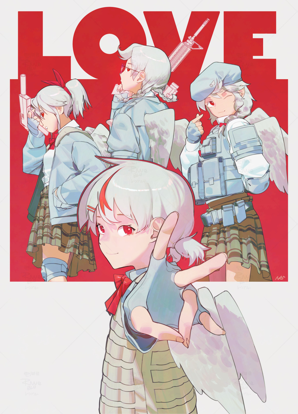 4girls assault_rifle beret blue_gloves blue_hat blue_jacket bow bowtie braid brown_skirt bulletproof_vest carrying_over_shoulder chiyo_(love-bullet) closed_mouth elbow_pads ena_(love-bullet) english_text finger_heart fingerless_gloves glasses gloves gun hair_bow hand_in_pocket hat highres holding holding_gun holding_weapon jacket kanna_(love-bullet) knee_pads koharu_(love-bullet) load_bearing_vest long_hair long_sleeves looking_at_viewer love-bullet m4_carbine multicolored_hair multiple_girls one_eye_closed open_clothes open_jacket open_mouth plaid_clothes plaid_skirt raneblu reaching reaching_towards_viewer red_eyes rifle shirt short_twintails signature skirt smile streaked_hair submachine_gun twin_braids twintails uzi v weapon white_hair white_shirt wings